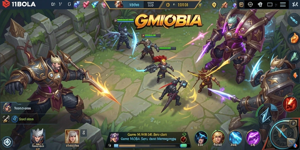 Screenshot gameplay 11BOLA menampilkan aksi tim yang intens di arena pertempuran.
