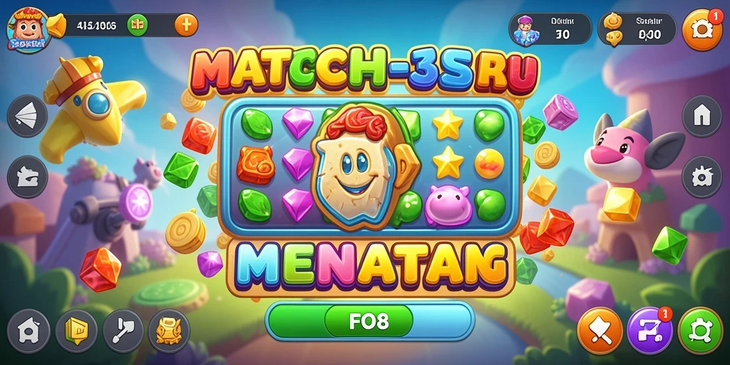 Tangkapan layar gameplay FO8 menunjukkan kombinasi warna-warni elemen Match-3.