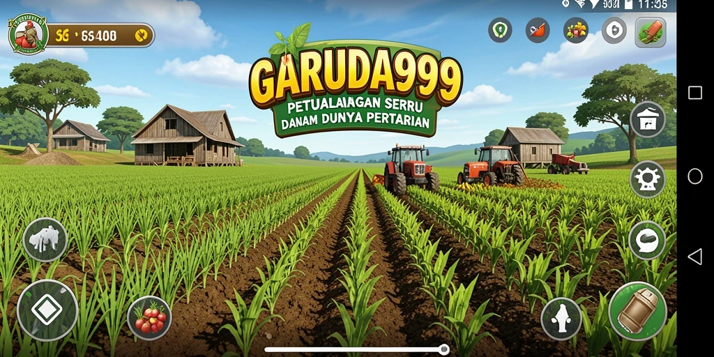 Screenshot gameplay GARUDA999 menunjukkan suasana pertanian yang ceria dan interaktif.