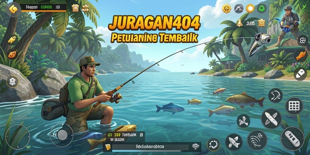 Tampilan screenshot gameplay JURAGAN404 menampilkan aktivitas memancing yang seru.