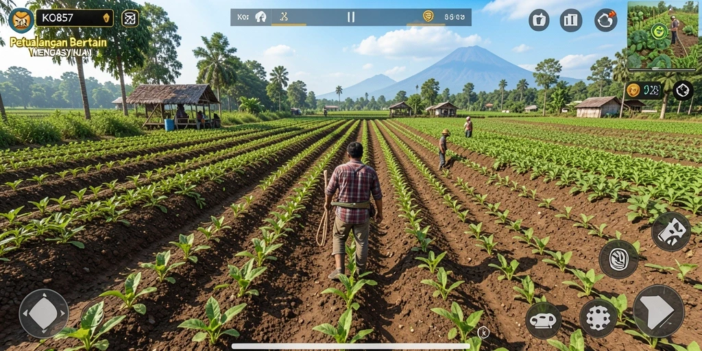 Screenshot menunjukkan gameplay seru dalam bertani dan mengelola kebun.