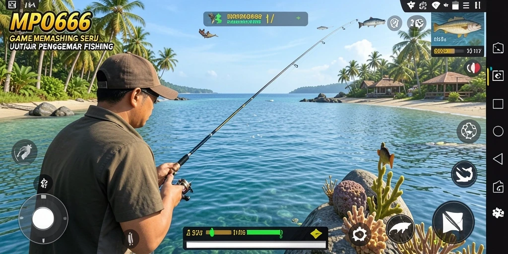 Tampilan gameplay seru dengan aktivitas memancing yang menantang.