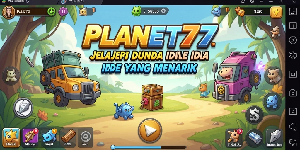 Screenshot gameplay <strong>PLANET77</strong> yang menunjukkan eksplorasi planet dan penggalian sumber daya.