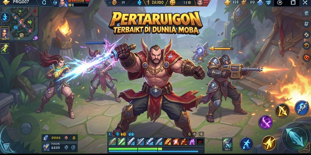 Tangkapan layar mendemonstrasikan aksi intens dalam game MOBA.
