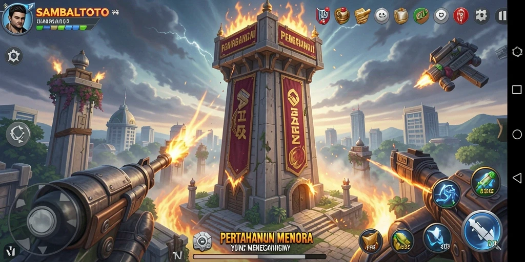 Tampilan gameplay menegangkan dalam SAMBALTOTO untuk pertahanan menara.
